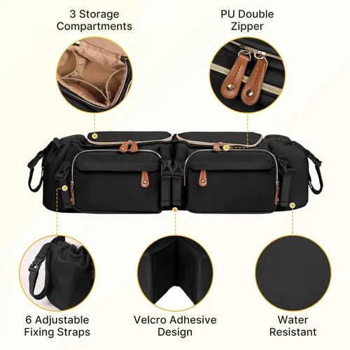 Miniatura 7 de Boomistry - Organizador doble para cochecito con 2 bolsillos refrigerantes, color negro Para Bob Duallie y Baby Jogger City Mini GT2, soporte