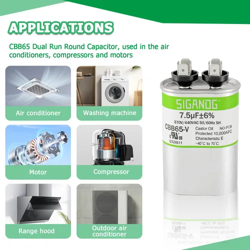 Miniatura 7 de 7.5uF 7.5 MFD 370V o 450V CBB65 Capacitor de Marcha y Arranque 7.5 uF 370 450 Voltios VAC para Condensador de Solo Frío o Bomba de Calor Aire