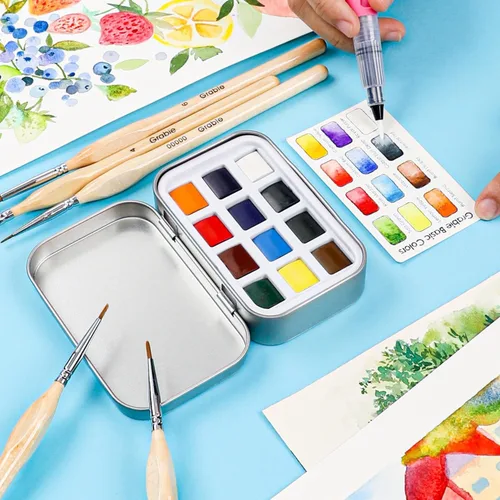 Miniatura 7 de Grabie Juego de 12 acuarelas de bolsillo, juego de pintura de acuarela de viaje, pinturas de acuarela, suministros de arte para pintura, gran juego