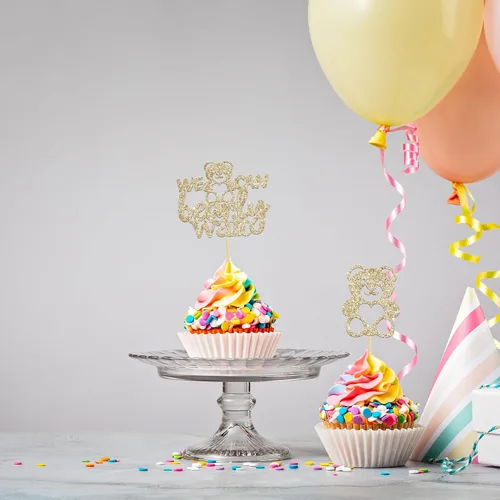 Miniatura 6 de Gyufise 24 piezas de decoración para cupcakes con texto en inglés «We Can Bearly Wait» («We Can Bearly Wait») para cupcakes con purpurina marrón