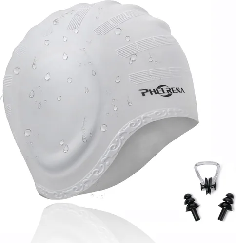 Miniatura 8 de PHELRENA Gorro de natación impermeable de silicona de alta calidad, orejeras de pelo largo, flexible y reversible para adultos, niños, mujeres