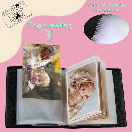 Miniatura 4 de Álbum de fotos de 4 x 6 pulgadas, capacidad para 60 fotos, cubierta de piel sintética, álbum de fotos con banda elástica fuerte, álbum de fotos Flor