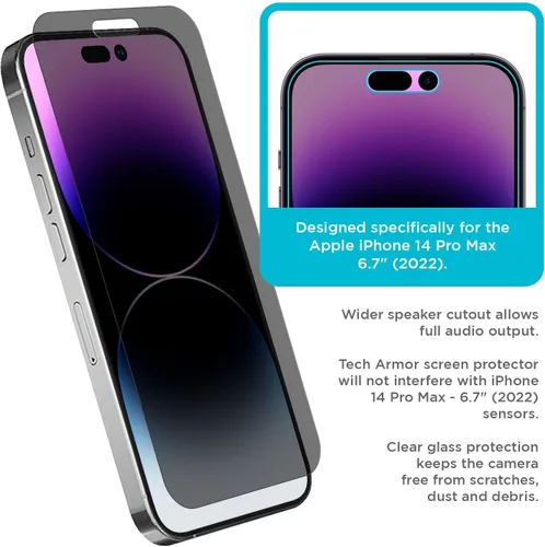 Miniatura 4 de Tech Armor Paquete de 1 protector de pantalla de vidrio balístico de privacidad compatible con Apple iPhone 14 Pro Max 5G de 6.7 pulgadas de vidrio