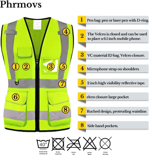 Miniatura 4 de Chaleco de seguridad reflectante Hi Vis, clase 2, con 7 bolsillos y cremallera, cumple con las normas ANSI/ISEA Amarillo