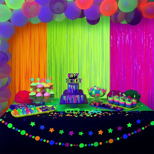 Miniatura 5 de Mega-L - Suministros de fiesta que brillan en la oscuridad, paquete de 3 decoraciones de fiesta de neón de 9.9 x 6.6 pies, cortinas de flecos