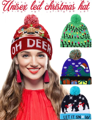 Miniatura 3 de 4 piezas LED Navidad Beanie Hat Led Light Up Christmas Hat Knit Christmas Cap con 6 luces, Multicolorido