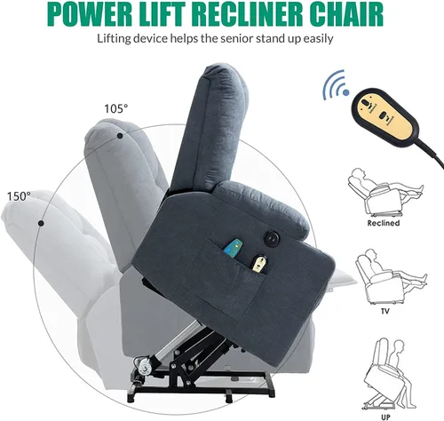 Miniatura 3 de VIVIJASON Silla reclinable eléctrica para personas mayores con calefacción por vibración, masaje de tela suave, con 2 controles remotos, puertos Azul
