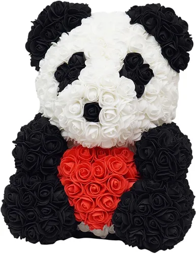 Oso de flores para San Valentín, oso panda de flores artificiales con moño/decoración de corazón, muñeca panda hecha a mano para el día de San