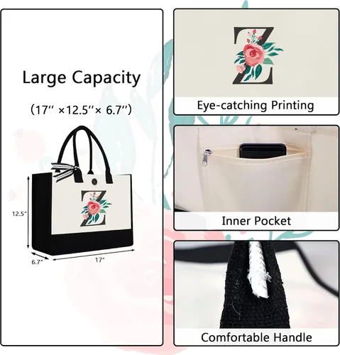 Miniatura 95 de Bolsa de lona con inicial, regalos de cumpleaños personalizados para mujeres, madres, amigas y profesoras, bolsas de mano con monograma adecuadas
