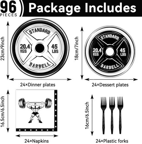 Miniatura 2 de OBUSATT 96 piezas de suministros para fiesta de cumpleaños de gimnasio, tema de culturista, platos de papel para levantamiento de pesas, platos