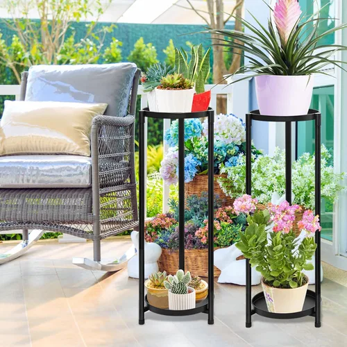 Miniatura 4 de Soporte para plantas de 2 niveles para interiores, soporte alto escalonado de esquina negra para múltiples plantas al aire libre, soportes de metal