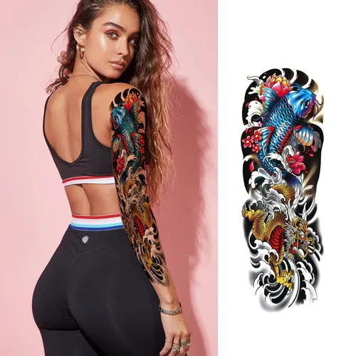 Miniatura 3 de Tatuajes temporales de manga completa, 8 hojas de tatuajes temporales de manga temporal de pez dragón y tigre para hombres y mujeres, impermeables