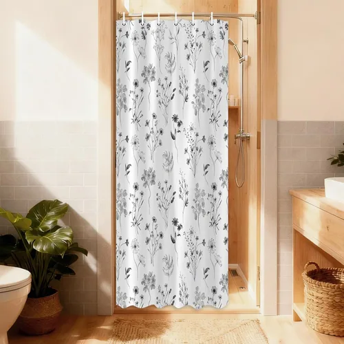 Cortina de ducha pequeña para RV, cortina de ducha estrecha de 36x72, cortina de baño de flores de color negro y gris con eucalipto y plantas en
