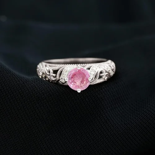 Miniatura 2 de Anillo de compromiso redondo de zafiro rosa cultivado en laboratorio certificado con diamante Calidad AAAA Anillo de estilo vintage para mujer