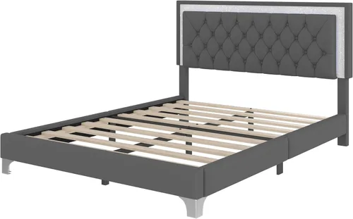 Miniatura 8 de Merax Cama de plataforma tapizada, tamaño Queen, tela de terciopelo LED, marco de cama de madera con luces LED y cabecera copetuda para dormitorio