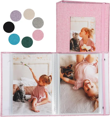 Miniatura 12 de Álbumes de fotos pequeños para fotos de 4 x 6, paquete de 2 libros de memoria con cubierta de lino con ventana de exhibición, cada uno con capacidad