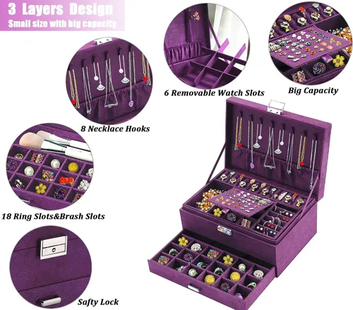 Miniatura 2 de Cajas de Joyería para Mujeres Morado Organizador de Joyas de Terciopelo con Cerradura, Organizadores de Joyas para Adolescentes y Caja Organizadora