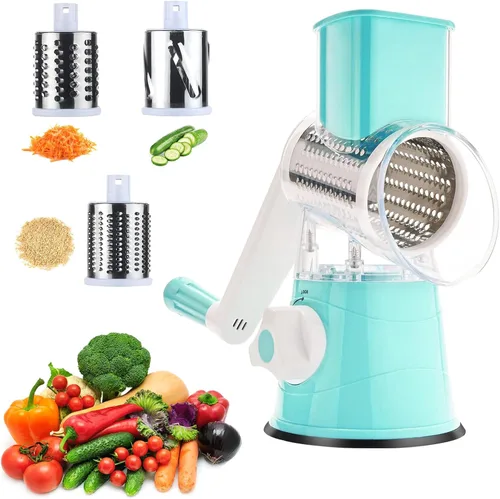 Miniatura 8 de Rallador de queso giratorio manual redondo para verduras, patatas y zanahorias, 3 rallador de queso intercambiable, rebanador de mandolina con base