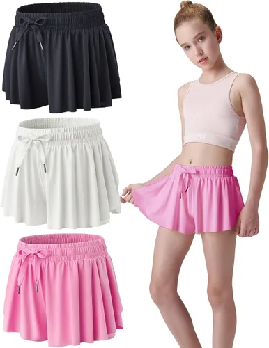 Miniatura 89 de Paquete de 3 pantalones cortos fluidos para niñas con forro de elastano, 2 en 1, faldas de mariposa para jóvenes, para fitness, correr, deportes