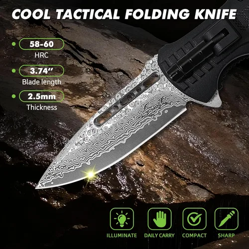 Miniatura 3 de XIPHIAS Damascus XK039DA - Cuchillo de supervivencia 6 en 1, multiherramienta plegable con luz LED, arrancador de fuego, silbato y paracaídas, clip