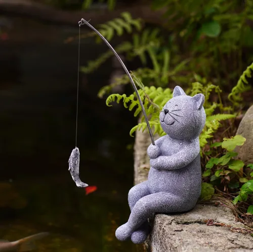 Miniatura 11 de Goodeco Estatua de jardín de Fishergirl – Pequeño pescador de 11 pulgadas para estanque Koi o cascadas, estatua junto a la piscina con guijarros que