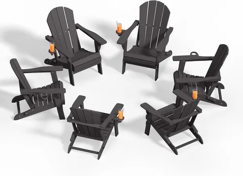 Miniatura 18 de Silla plegable Adirondack con portavasos, juego de 2, sillas de plástico HDPE para exteriores, resistentes a la intemperie, aspecto de madera real