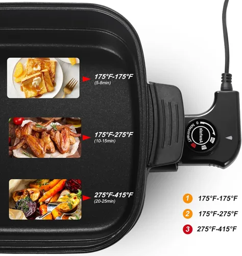 Miniatura 2 de AEWHALE Parrilla eléctrica multifuncional 3 en 1, sartén eléctrica antiadherente con tapas, parrilla de fiesta de 1400 W para cocinar carnes