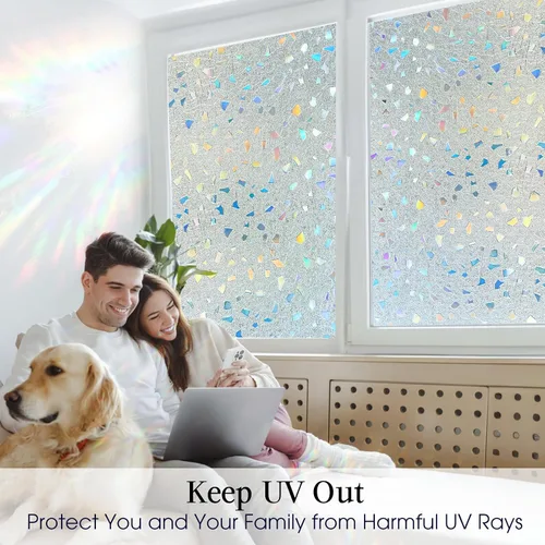 Miniatura 6 de Coavas Película de privacidad para ventana de vidrieras 3D arco iris, control de calor, bloqueo UV, no adhesivo, película de vinilo extraíble, tinte