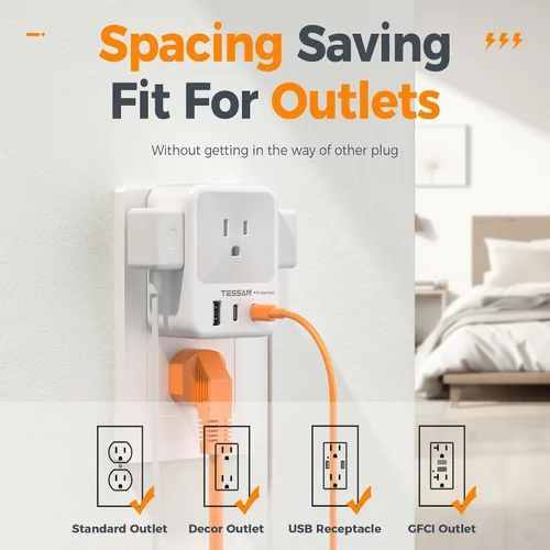 Miniatura 5 de Divisor de enchufe de pared múltiple, extensor de protector de sobretensión TESSAN de 4 salidas con 3 bloques de carga USB (2 USB C), expansor