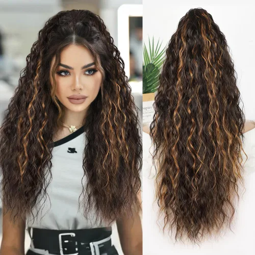 Miniatura 22 de ALXNAN Cola de caballo con clip de garra, extensión de cola de caballo marrón oscuro de 26 pulgadas para mujer, extensiones de cabello sintético