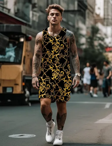 Miniatura 3 de JoZorro Conjunto de camiseta sin mangas con estampado floral para hombre, camiseta deportiva casual con estampado de lujo, ropa deportiva hawaiana
