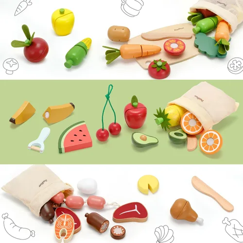 Miniatura 3 de PairPear - Juegos de comida de juguete de madera para cocina de niños, juego de frutas de corte de alimentos de juguete para niños de 3 años