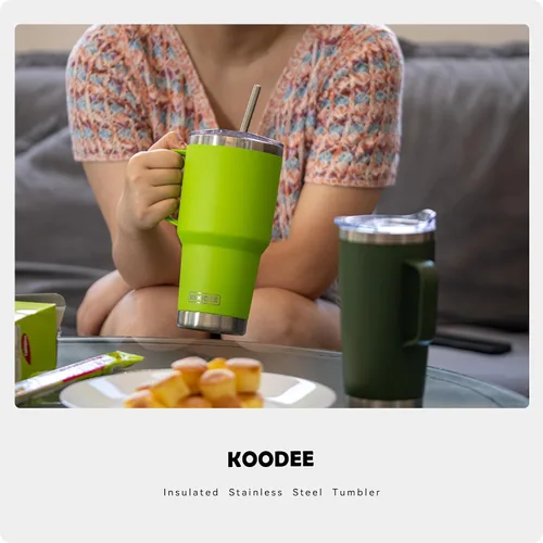 Miniatura 6 de koodee Vaso de 30 onzas con tapa y pajilla, acero inoxidable con aislamiento de doble pared, vaso de viaje para agua y agua con asa (verde manzana)