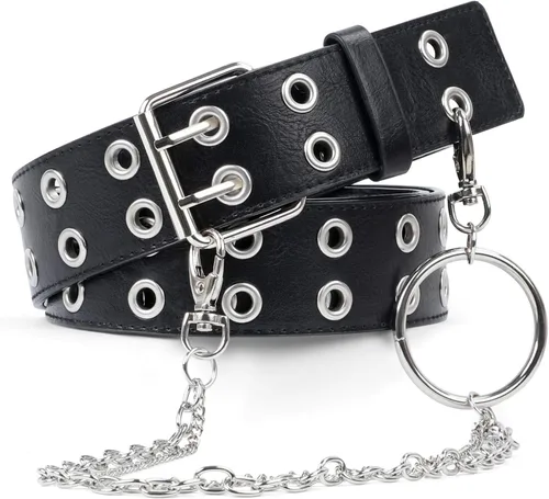 Miniatura 2 de SUOSDEY Cinturón de cuero con doble ojal con cadena desmontable para mujeres y hombres, cinturón negro punk con agujeros dobles tachonados para jeans