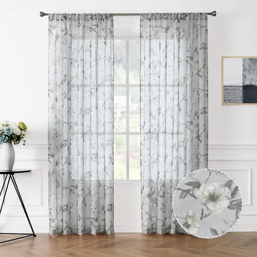 Miniatura 10 de Tollpiz Cortina Corta Transparente de Nivel Beige con Estampado de Hojas y Flores, Bordado Floral, Cortinas de Media Ventana Transparentes