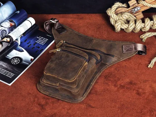 Miniatura 5 de Le'aokuu Riñonera táctica de cuero genuino para hombre, riñonera, pierna caída, cruzada, bolsa, 3111 A Marrón, Hip Bum - Bolsa para muslos y piernas