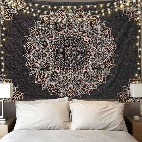 Tapiz de mandala negro para colgar en la pared, tapiz psicodélico de pared, estético, indio, hippie, decoración bohemia para el hogar, dormitorio,
