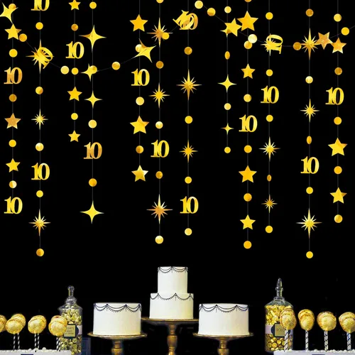 Miniatura 19 de Decoraciones negras de cumpleaños número 10, guirnalda de estrellas centelleantes con diseño de círculos, telón de fondo metálico para niñas, niños