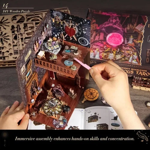 Miniatura 6 de Kit de Rincón de Libros DIY, Rompecabezas de Madera 3D Booknook, Estantería en Miniatura, Casa de Muñecas, Prueba de Adivinación de Tarot, con Luz