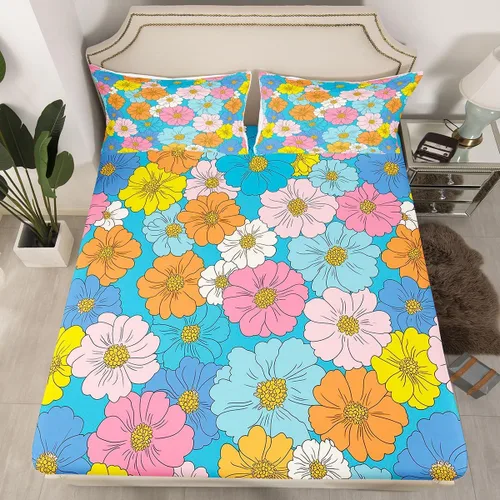 Miniatura 24 de Juego de ropa de cama de flores Groovy de los años 70, sábana bajera ajustable de flores de arco iris para niños y niñas, sábanas de ropa de cama