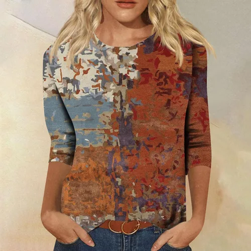 Miniatura 43 de Camisetas de manga 3/4 para mujer, cuello redondo, holgadas, casuales, con estampado floral, camisetas de moda para el trabajo de negocios