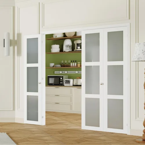 Miniatura 18 de Puerta plegable de 180 grados, para aberturas de 30 ″ x 80 ″, puerta plegable esmerilada blanca 3-Lite con bisagras, juego de herrajes para puertas