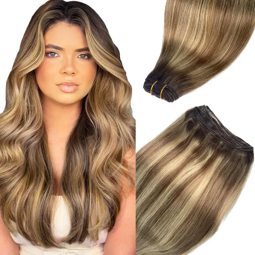 Miniatura 12 de Extensiones de cabello humano real, balayage, color castaño ceniza a rubio miel, extensiones de cabello humano con reflejos, 14 pulgadas, 2.82 oz