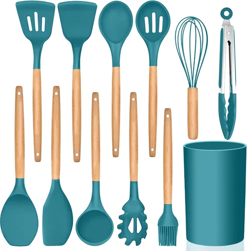 Miniatura 14 de E-far Juego de 6 utensilios de cocina de silicona con mango de madera, utensilios de cocina antiadherentes y resistentes al calor, incluye
