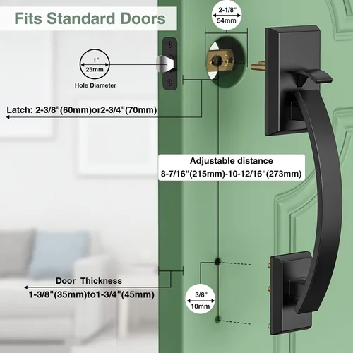 Miniatura 5 de Manija de puerta delantera negra ajustable 12.7 pulgadas manija de entrada exterior pesada reversible Manija de puerta negra