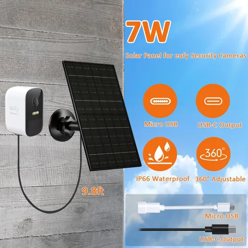 Miniatura 4 de Panel solar de 7 W compatible con Eufycam, cargador solar USB-C para cámaras de batería de 5 V, impermeable IP66, montaje ajustable de 360°, cable