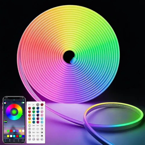 iNextStation Tira de luces LED de neón RGB, 16.4 pies que cambian de color flexible con adaptador de corriente, control con aplicación y control