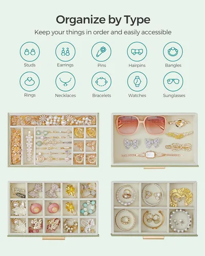 Miniatura 3 de SONGMICS Joyero con tapa de cristal, organizador de joyas de 4 capas, 3 cajones, para gafas de sol, joyería grande, almacenamiento de joyas