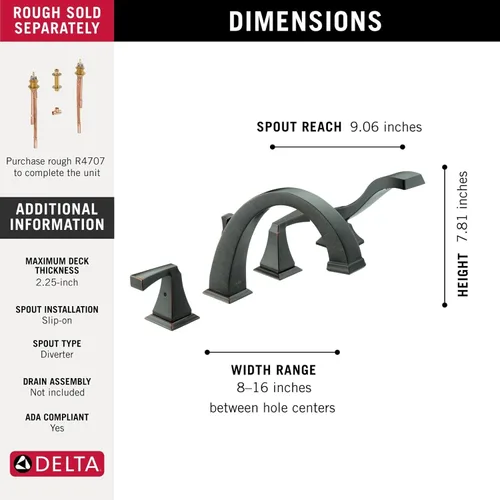 Miniatura 3 de Delta Faucet Dryden T4751-RB - Grifo de bañera romana con ducha de mano, juego de grifo de baño, manijas y ducha de mano, bronce veneciano