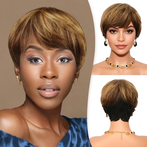 Miniatura 16 de RUWISS Peluca de cabello humano con corte Pixie, peluca de cabello humano con flequillo, peluca negra corta natural en capas, ondulada, diferentes
